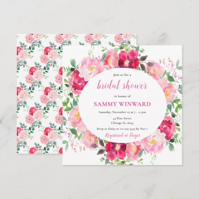 Romantic Pink Roses Flowers Bridal Shower Invitation (Front/Back)