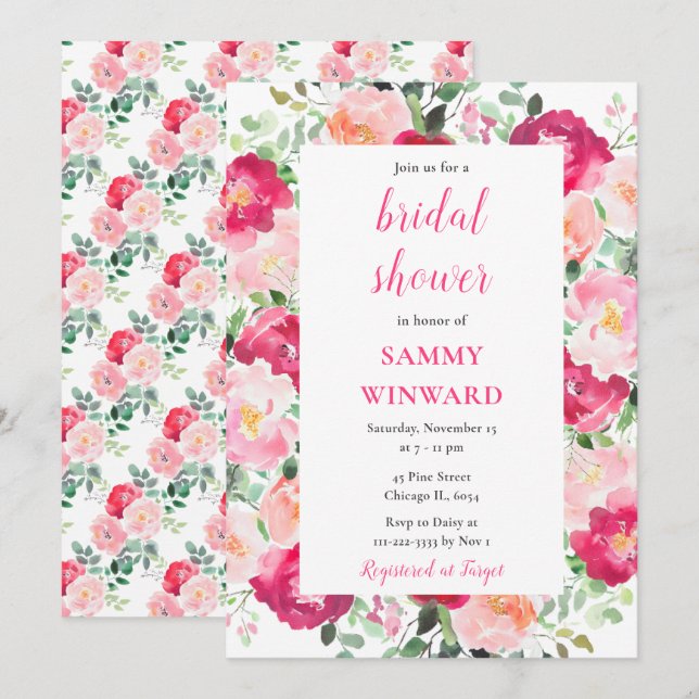 Romantic Pink Roses Flowers Bridal Shower Invitation (Front/Back)