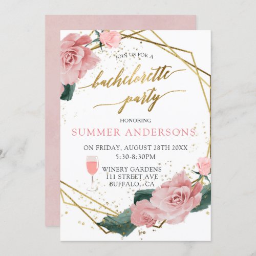 Romantic Pink Roses Gold Wine Bachelorette Party Invitation