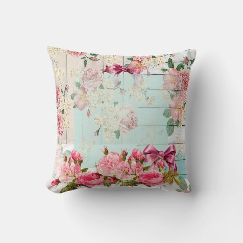 Romantic pink roses green wood vintage design on  throw pillow