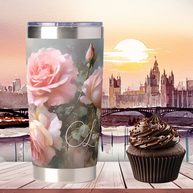 Romantic Pink Roses Love Insulated Tumbler (Insulated tumbler featuring romantic pink roses. Lovely for Valentine's Day or her birthday)