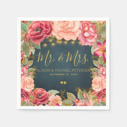Romantic pink roses navy mr and mrs script wedding paper napkins