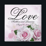 Romantic Pink Roses Personalized Keepsake Wedding Magnet<br><div class="desc">Beautiful pink roses and background create an elegant pink floral keepsake magnet. The word Love is written at the top in a large and formal script font. Your name and wedding date are below. Lovely wedding favor.</div>