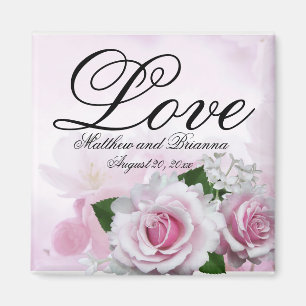 Romantic Pink Roses Personalized Keepsake Wedding Magnet