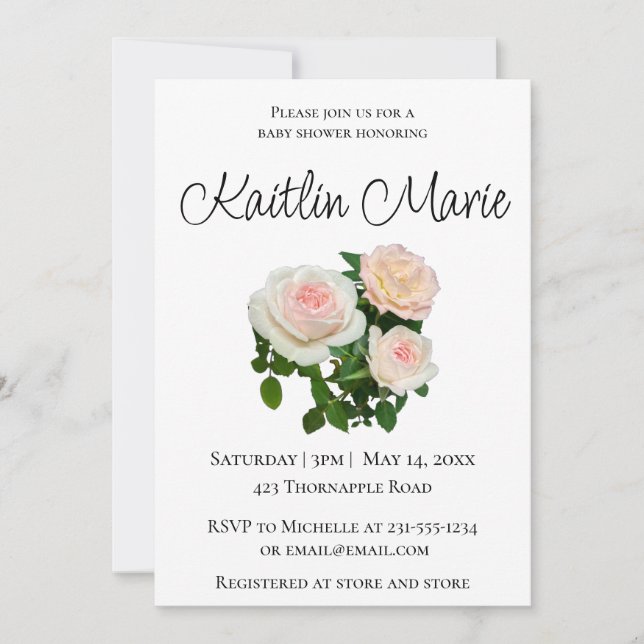 Romantic pink roses pink floral baby girl shower invitation (Front)
