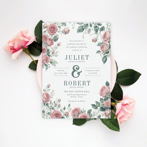Romantic Pink Roses Sage Green Leaves Wedding Invitation