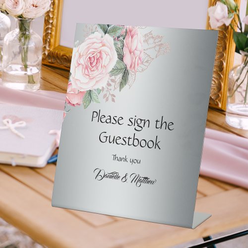 Romantic Pink Roses Silver Wedding Guestbook Pedestal Sign