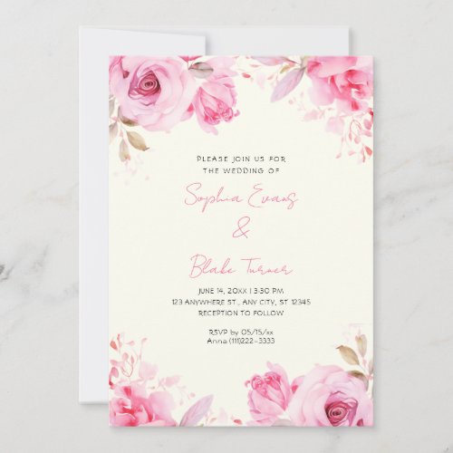 Romantic Pink Roses Summer Light Yellow Wedding Invitation