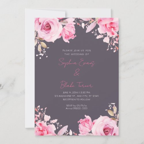 Romantic Pink Roses Summer Smoke Gray Wedding Invitation