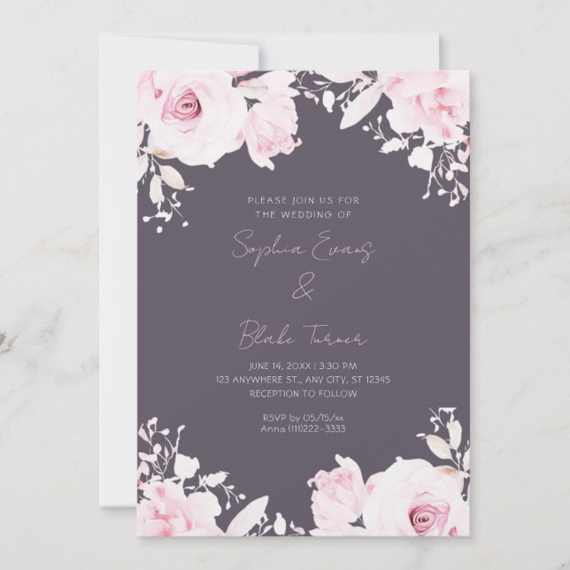 Romantic Pink Roses Summer Smoke Gray Wedding Invitation (Front)
