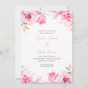 Romantic Pink Roses Summer White Wedding Invitation