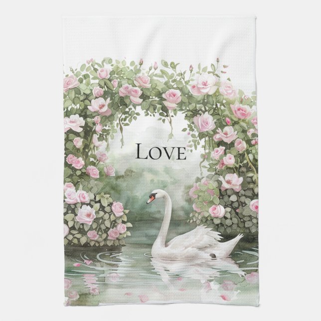 Romantic Pink Roses Swan Lake Floral Bridal Shower Kitchen Towel (Vertical)