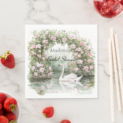 Romantic Pink Roses Swan Lake Floral Bridal Shower Napkins