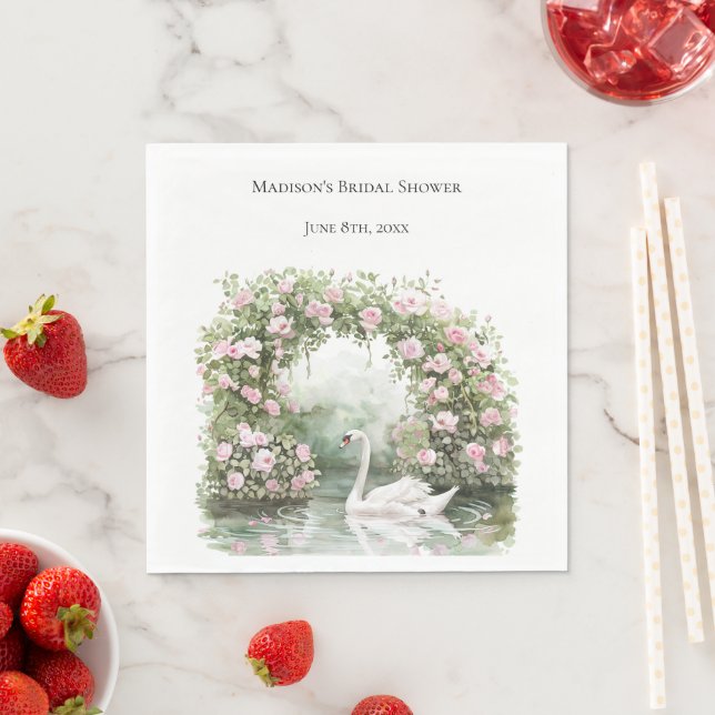 Romantic Pink Roses Swan Lake Floral Bridal Shower Napkins (Insitu)