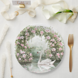 Romantic Pink Roses Swan Lake Floral Bridal Shower Paper Plates