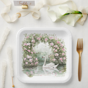 Romantic Pink Roses Swan Lake Floral Bridal Shower Paper Plates