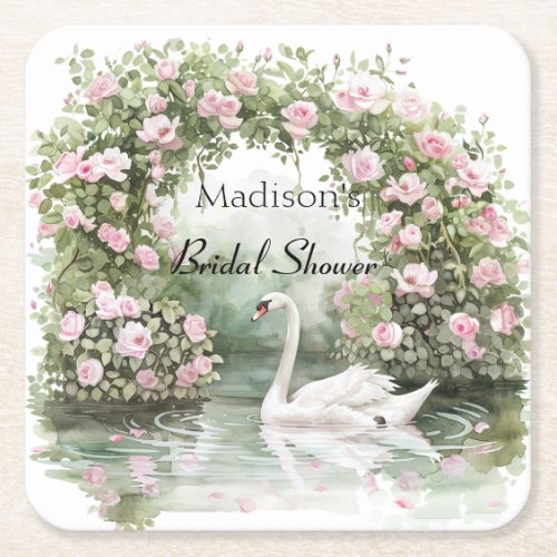 Romantic Pink Roses Swan Lake Floral Bridal Shower Square Paper Coaster