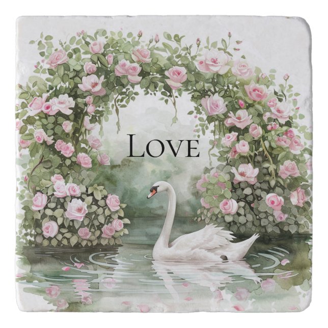 Romantic Pink Roses Swan Lake Floral Bridal Shower Trivet (Front)