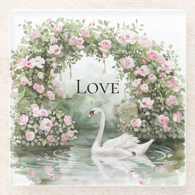 Romantic Pink Roses Swan Lake Floral   Glass Coaster (Front)