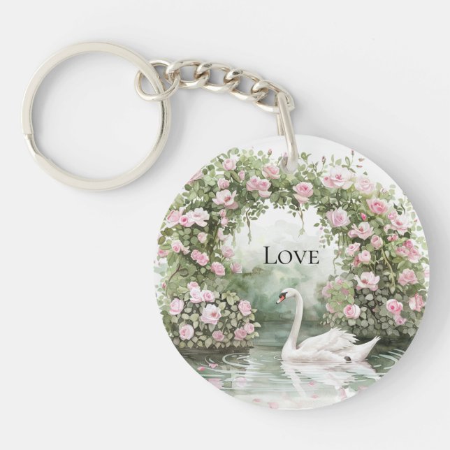 Romantic Pink Roses Swan Lake Floral   Keychain (Front)