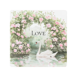 Romantic Pink Roses Swan Lake Floral Metal Print