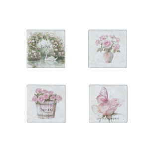 Romantic Pink Roses Swan Lake Floral   Stone Magnet