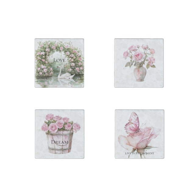 Romantic Pink Roses Swan Lake Floral   Stone Magnet (Front)