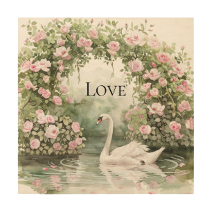 Romantic Pink Roses Swan Lake Floral Wood Wall Art