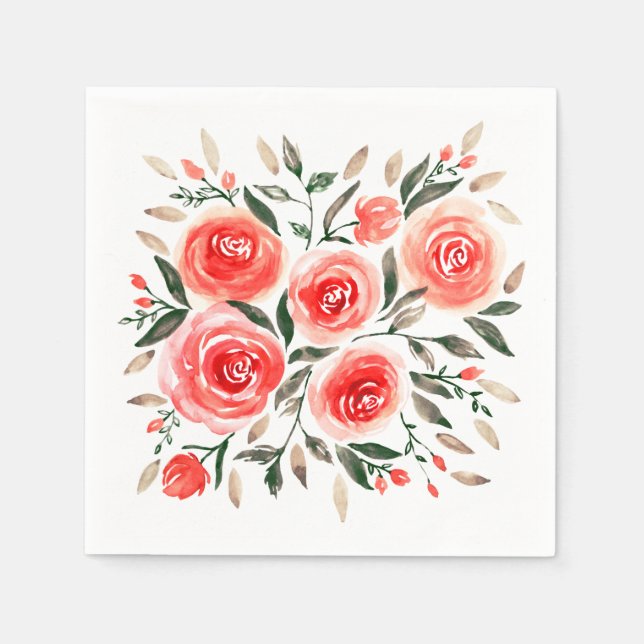 Romantic Pink Roses Watercolor Floral Napkins (Front)