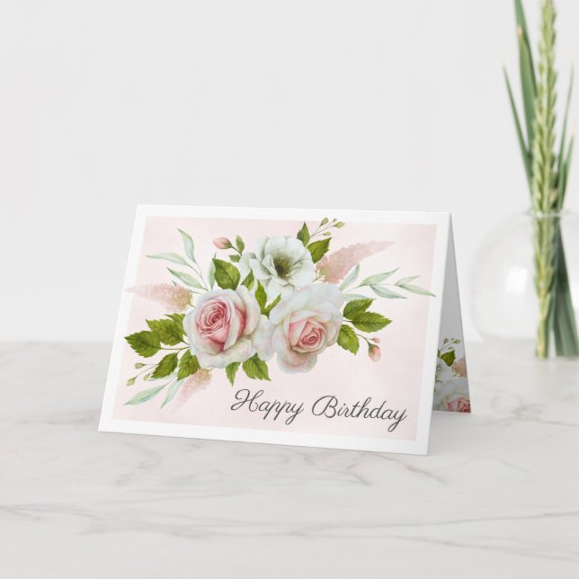 Romantic Pink Roses Watercolor Happy Birthday Card (Front)