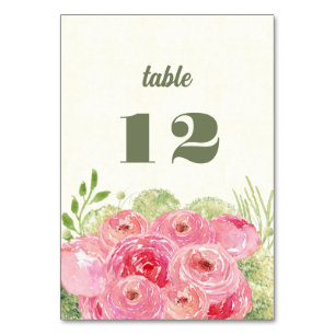 Romantic Pink Roses Watercolor  Table Number