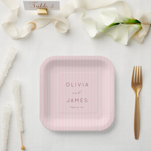 Romantic Pink Stripes Paper Plates (Wedding)