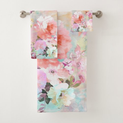 Romantic Pink Teal Watercolor Chic Floral Pattern Bath Towel Set