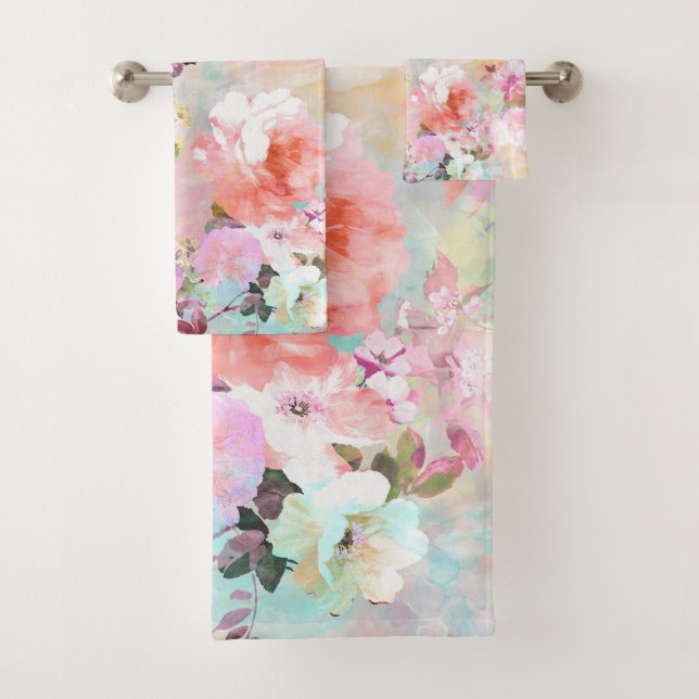 Romantic Pink Teal Watercolor Chic Floral Pattern Bath Towel Set (Insitu)