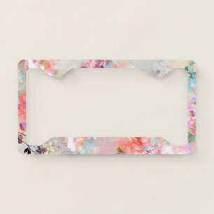 Romantic Pink Teal Watercolor Chic Floral Pattern License Plate Frame