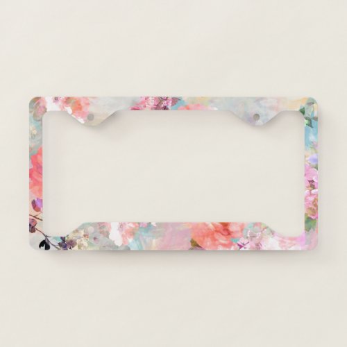 Romantic Pink Teal Watercolor Chic Floral Pattern License Plate Frame
