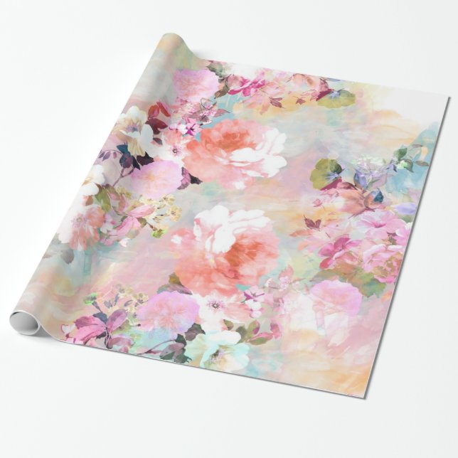 Romantic Pink Teal Watercolor Chic Floral Pattern Wrapping Paper (Unrolled)
