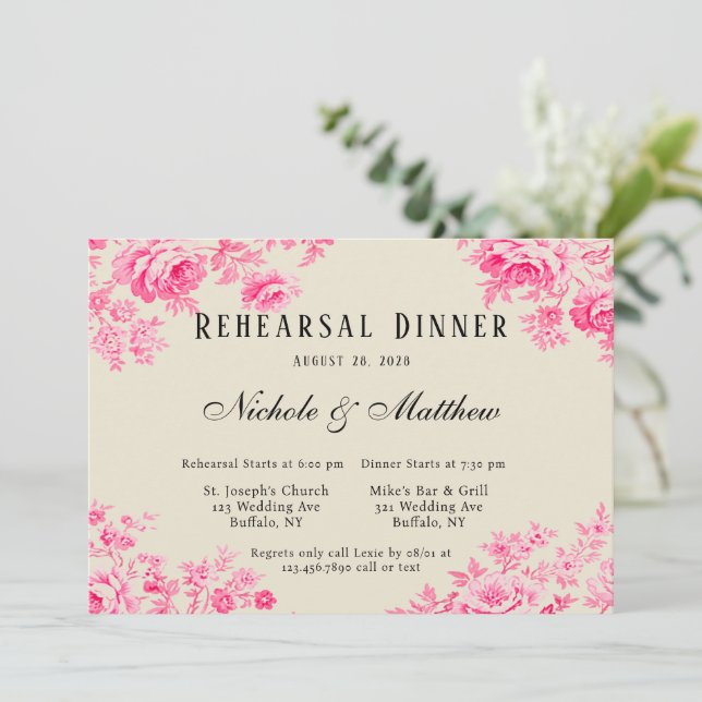 Romantic Pink Toile Flower Rehearsal Dinner Invitation (Standing Front)