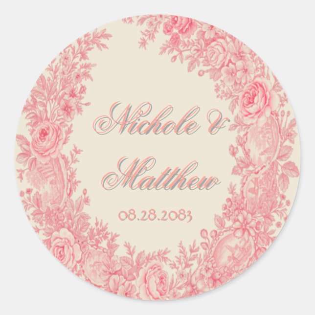 Romantic Pink Toile Flower Wedding Classic Round Sticker (Front)