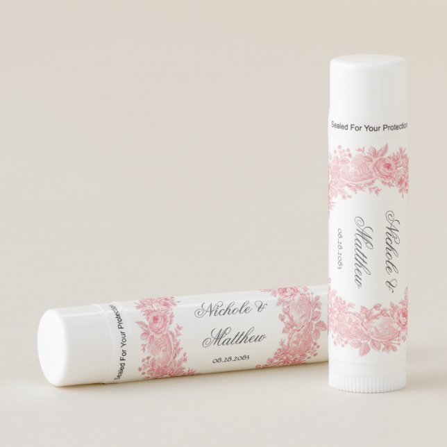 Romantic Pink Toile Flower Wedding Favor Lip Balm (Front)