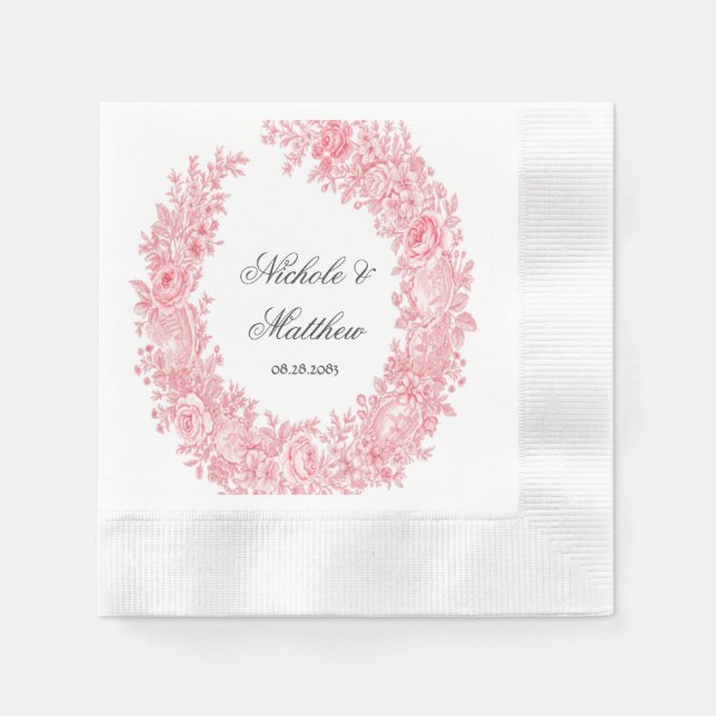 Romantic Pink Toile Flower Wedding Napkins (Front)