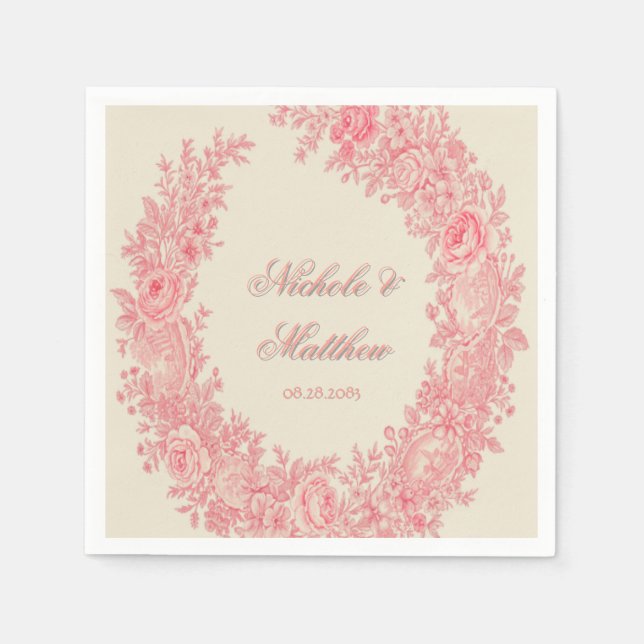 Romantic Pink Toile Flower Wedding Napkins (Front)