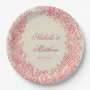 Romantic Pink Toile Flower Wedding Paper Plates