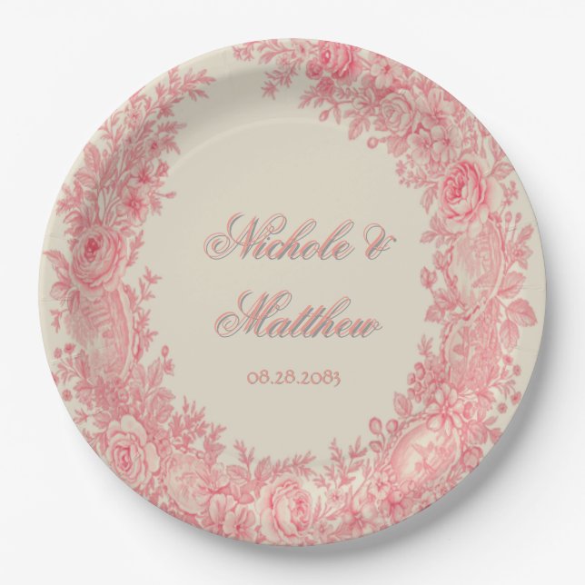 Romantic Pink Toile Flower Wedding Paper Plates (Front)