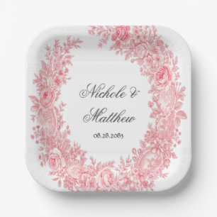 Romantic Pink Toile Flower Wedding Paper Plates