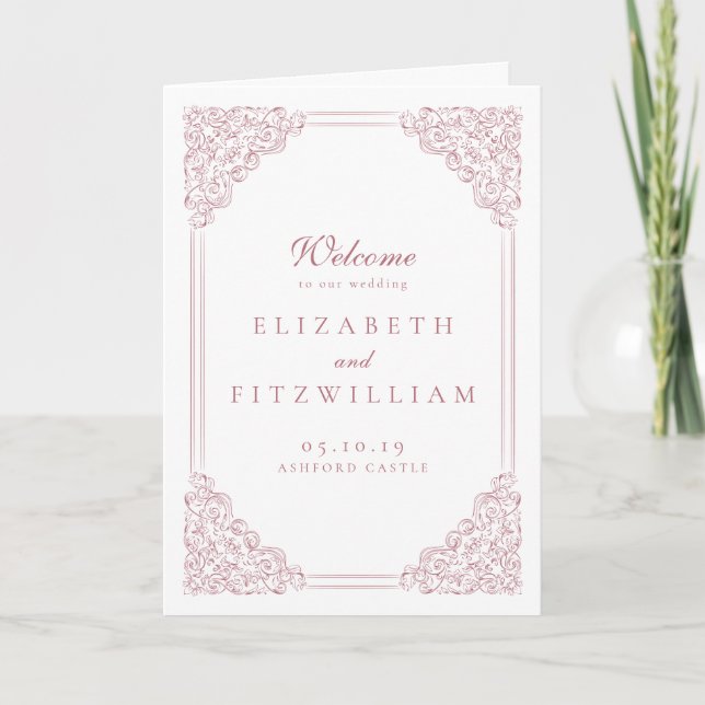 Romantic Pink Vintage Frame Elegant Script Wedding Program (Front)