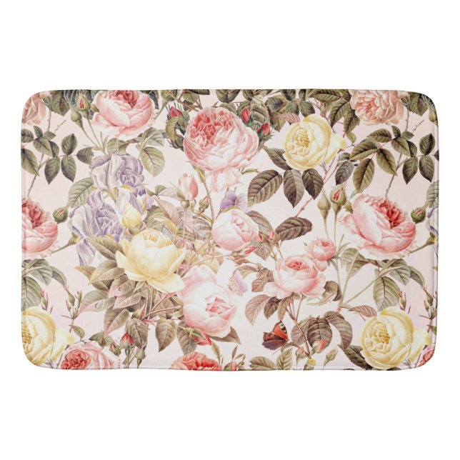 Romantic pink vintage rose flower pattern bathroom mat (Front)