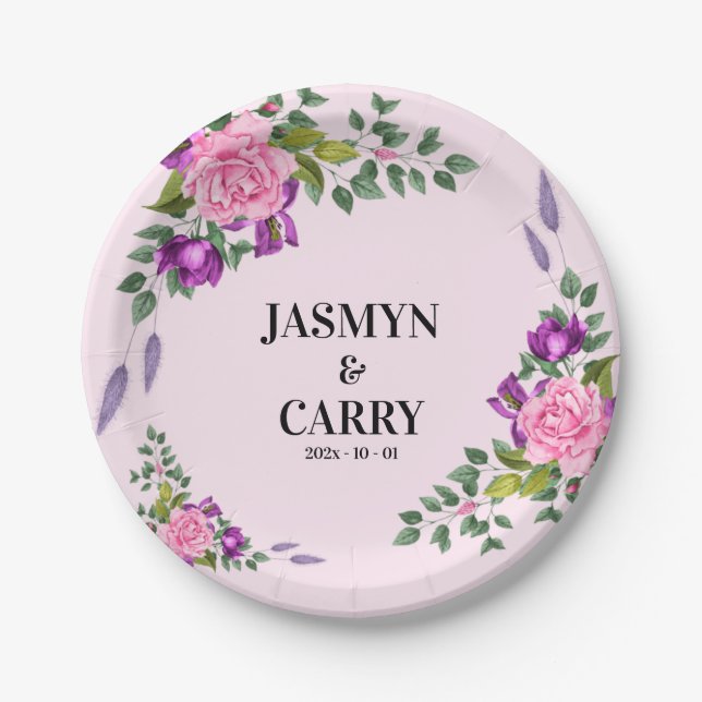 Romantic Pink Violet Floral Summer Bouquet Paper Plates (Front)