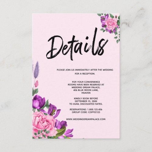 Romantic Pink Violet Floral Wedding Enclosure Card