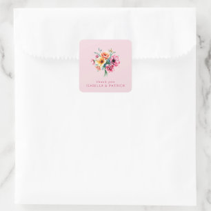 Romantic Pink Watercolor Floral Bouquet Square Sticker